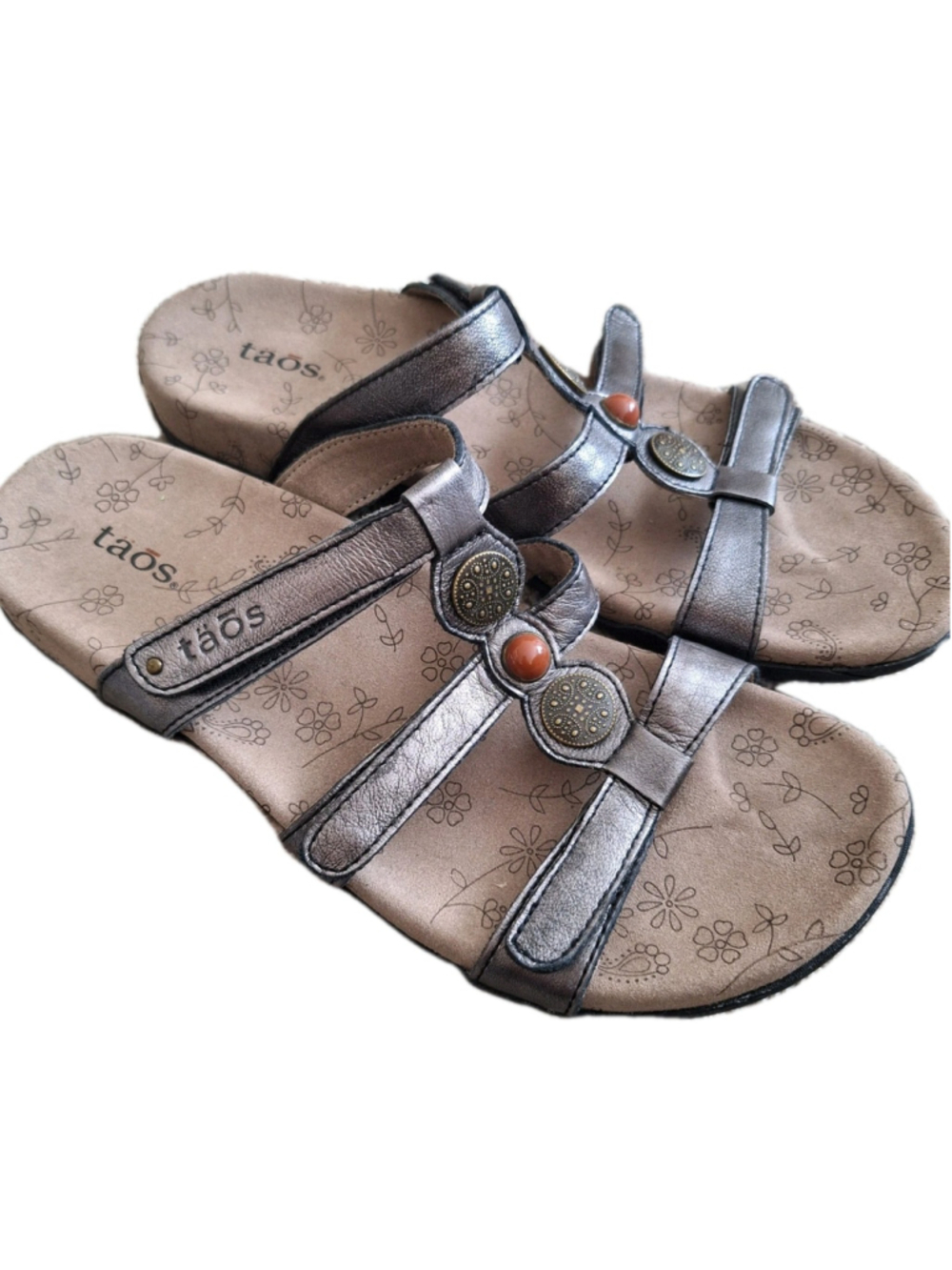 TAOS Prize 3 Pewter Adjustable Leather Slide Sandals Womens Size 9 Boho SLIP ON